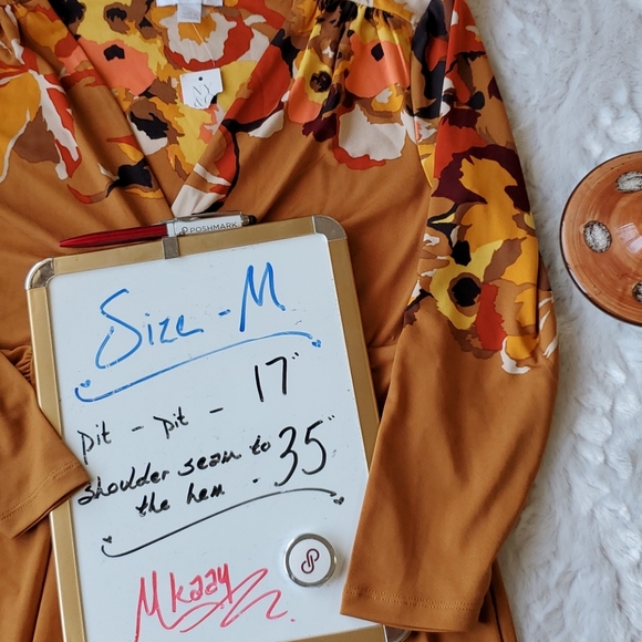 NEW YORK & CO. stretchy floral faux wrap dress brown tan orange Med. NWT - Picture 7 of 7